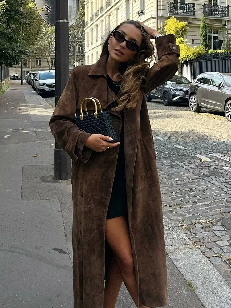 Female New Windbreaker Turn-down Collar Long Sleeves Belt Autumn Double Breasted Trench Coat Mujer