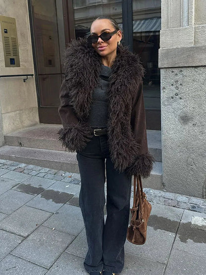 Coffee Fur Patchwork Cardigan Jacket for Long Sleeve Warm Loose Coats Lady High New