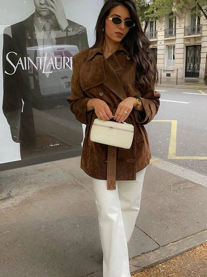 Autumn Lace Up Lapel Collar Suede Jacket Retro Double Breasted Long Sleeve Coat Lady Windbreaker