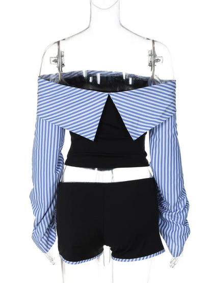 Long Sleeve Striped Long Sleeve Corset Shirts + Shorts 2 Piece Sets High Street Tunics Bandage Female Suit