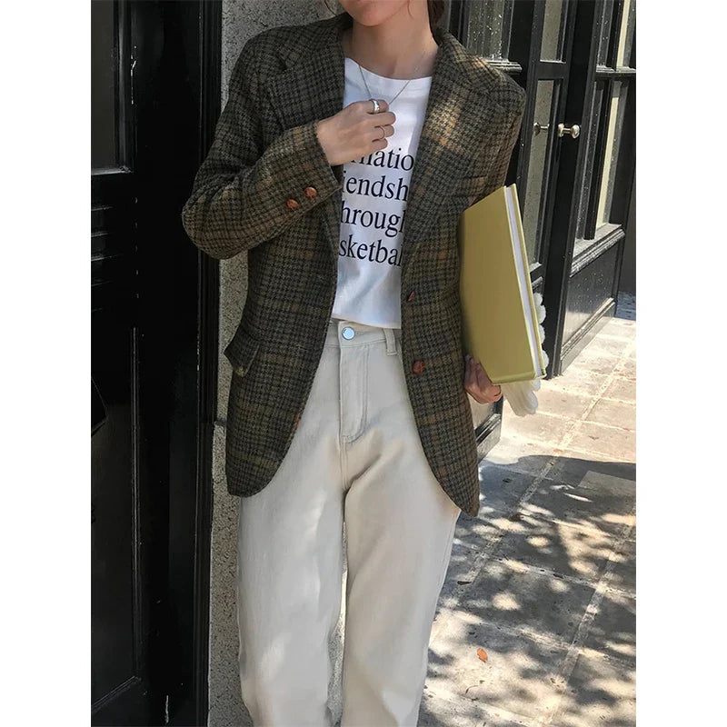 Wool Blends Coats Plaid Woolen Jacket Commute Blazer Korean Long Sleeve Outerwears Winter Overcoat