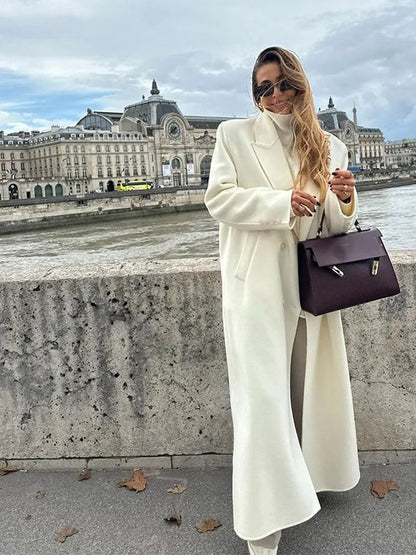 Oversize Lapel Extra Long Woolen Overcoat Double Breasted Cropped Overgarment Lady Commute