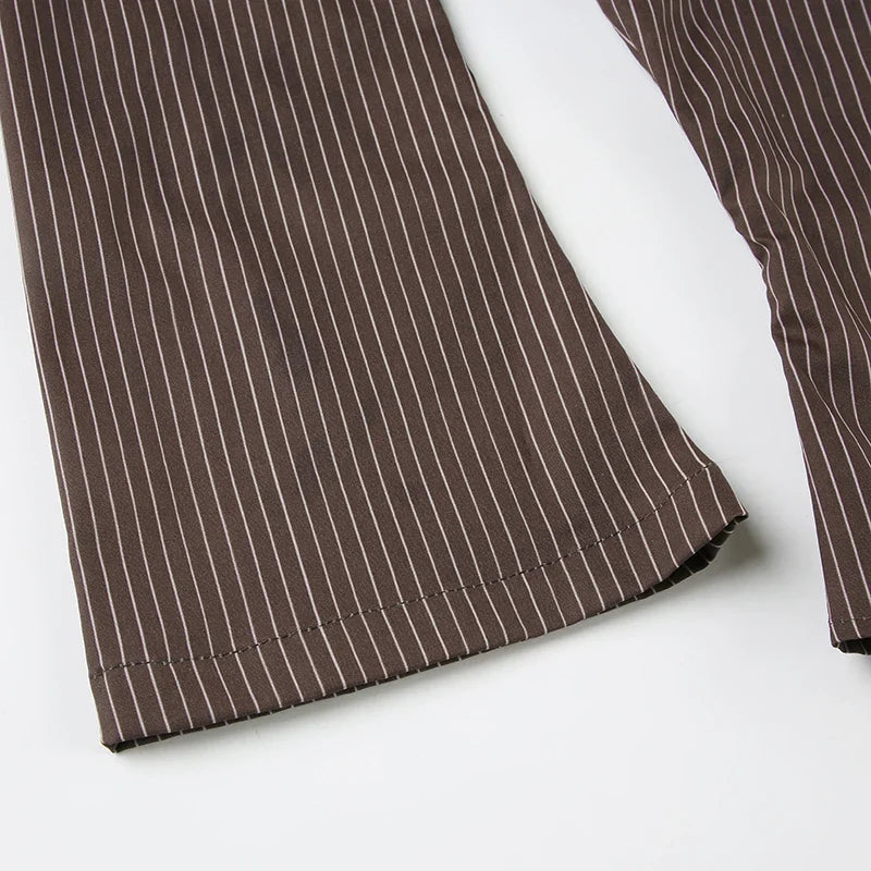 Brown Striped Blouse High Street Fitted Tee Shirt 2000s Button Top Fall Outfits