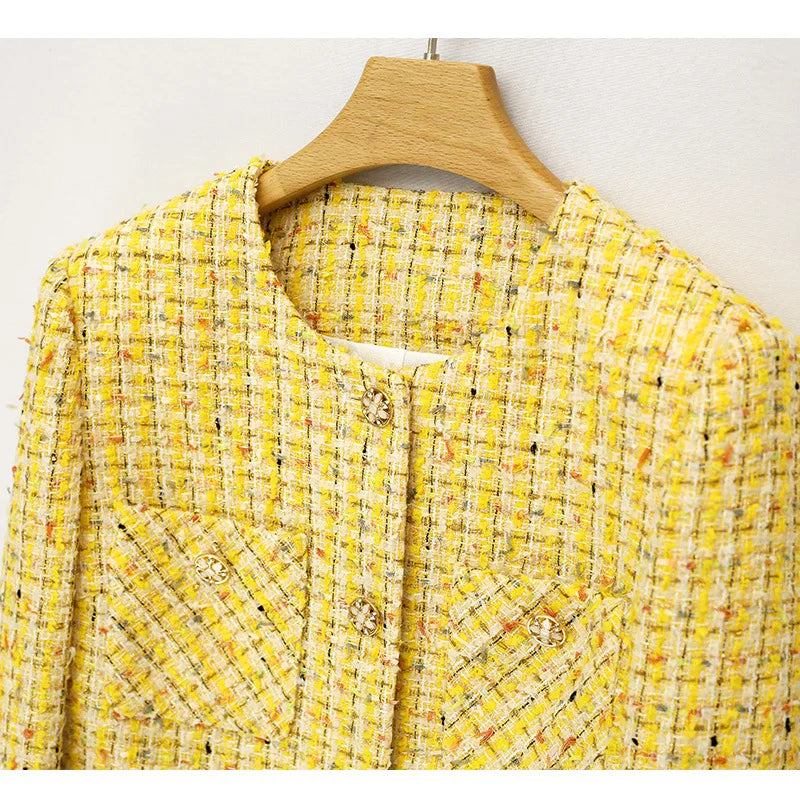 Yellow Woven Tweed Coat - Small Fragrance Jacket