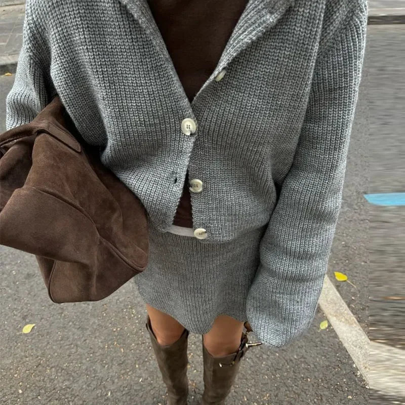 Knitted Skirts 2 Piece Set Lapel Flare Button Knitted Cardigan Top Mini Skirt Autumn Lady All-matching Outfit