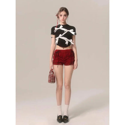 Bow Decoration Black Slim T-shirt