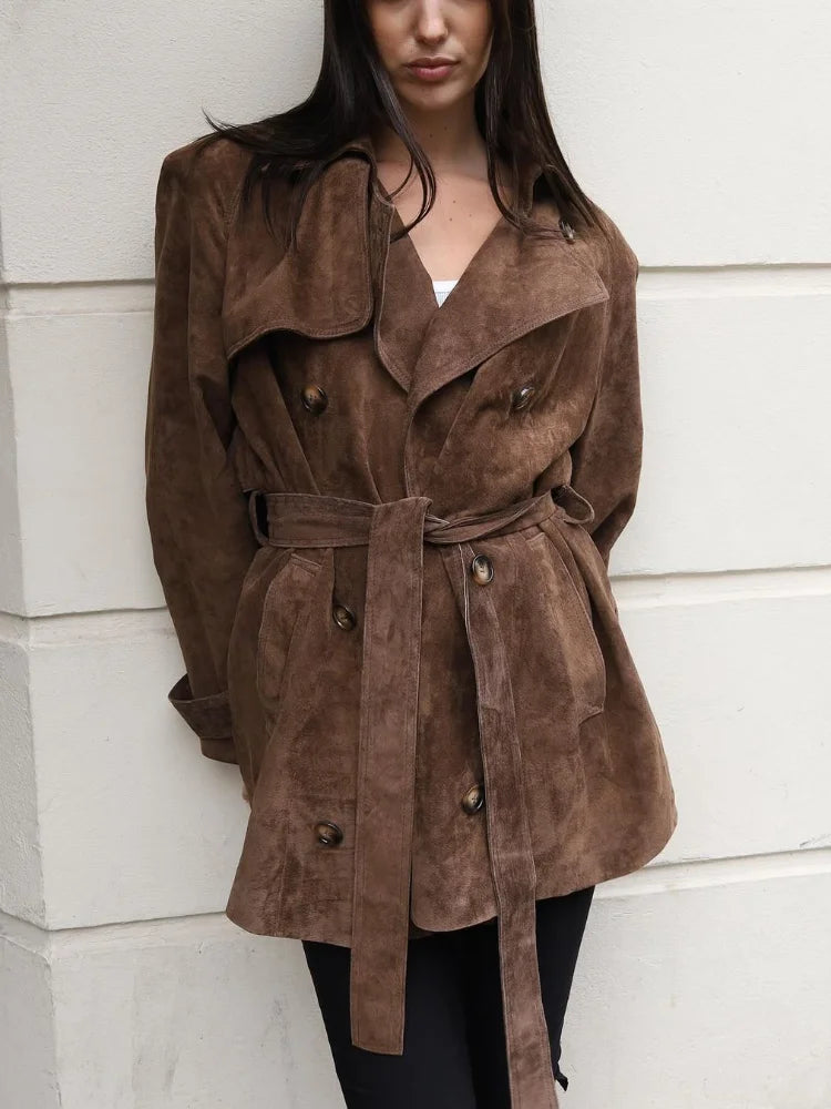 Autumn Lace Up Lapel Collar Suede Jacket Retro Double Breasted Long Sleeve Coat Lady Windbreaker