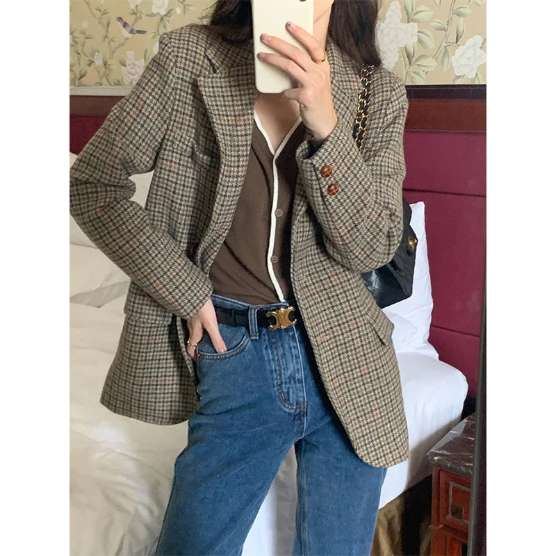 Wool Blends Coats Plaid Woolen Jacket Commute Blazer Korean Long Sleeve Outerwears Winter Overcoat