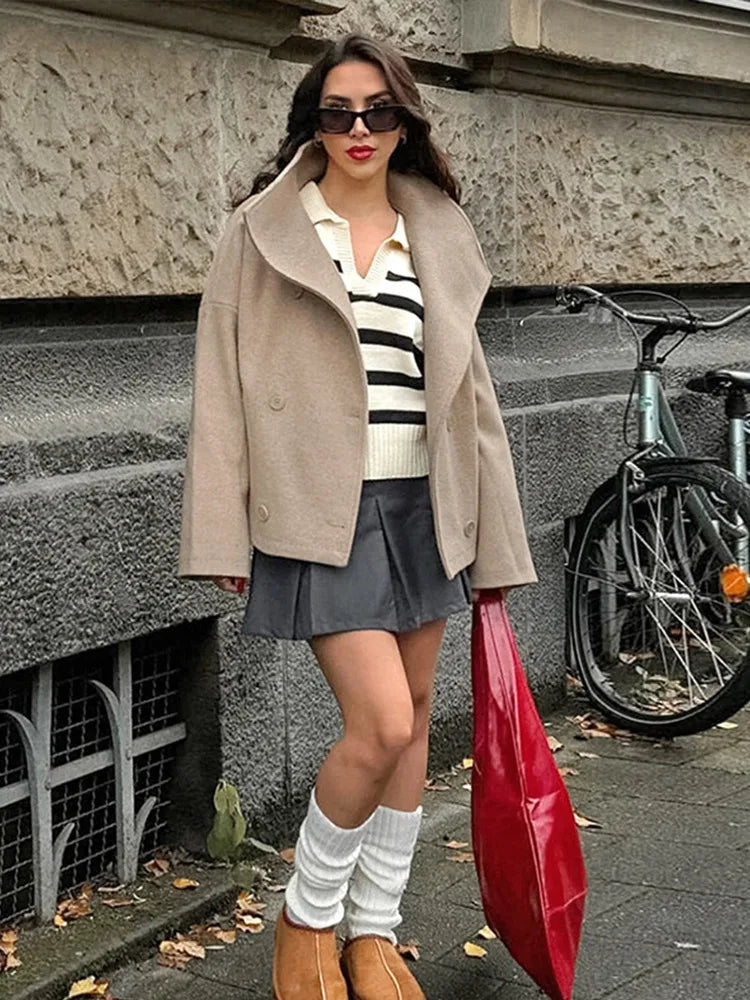 Tavimart - Large Lapel Collar Short Coats Retro Double-breasted Pocket Coat Female Autumn Loose Street Outwear