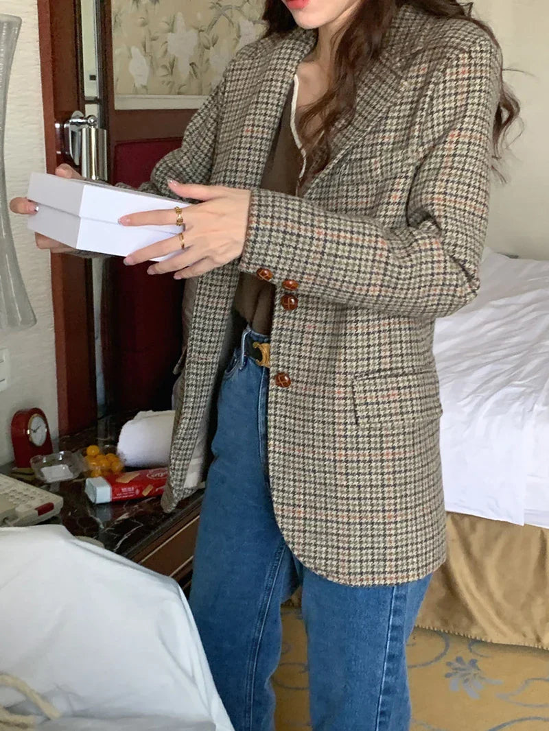 Wool Blends Coats Plaid Woolen Jacket Commute Blazer Korean Long Sleeve Outerwears Winter Overcoat