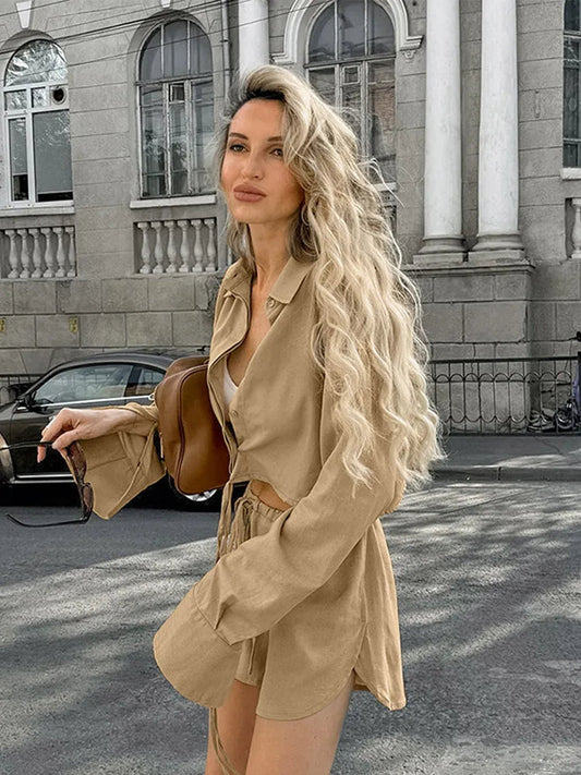Summer Suit Lapel Single Breasted Full Sleeve Lace Up Waist Shorts Female Suit Oversize Two-piece Set