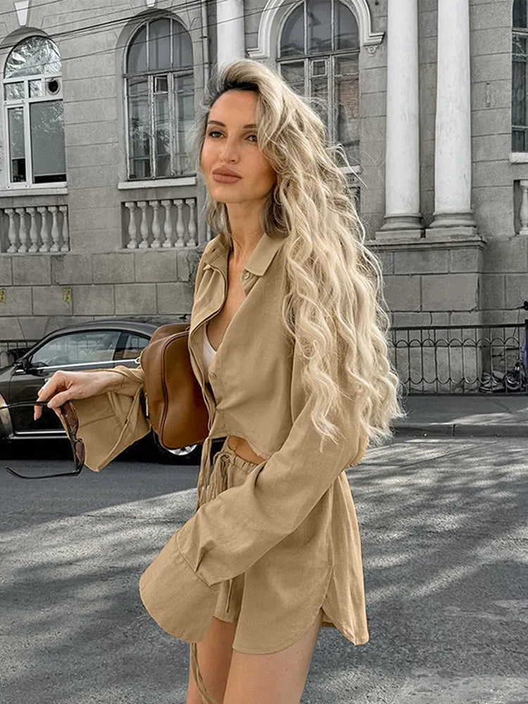 Summer Suit Lapel Single Breasted Full Sleeve Lace Up Waist Shorts Female Suit Oversize Two-piece Set