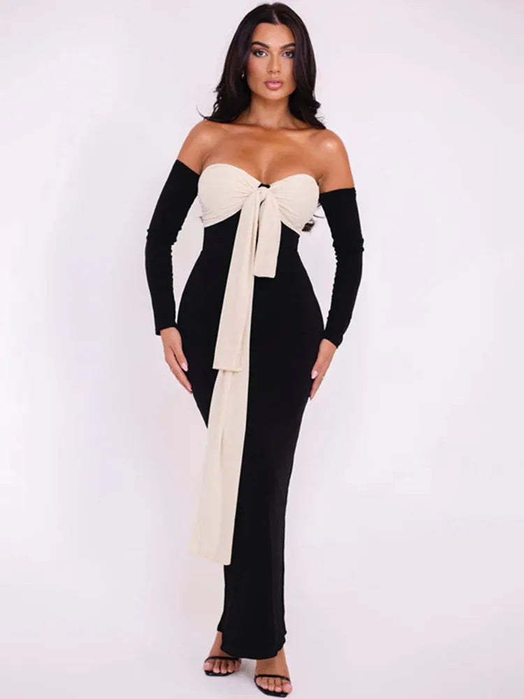 Off-shoulder Contrast Color Maxi Midi Dress