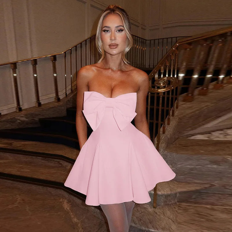 Strapless Bow Ruffle Gothic Mini Dress
