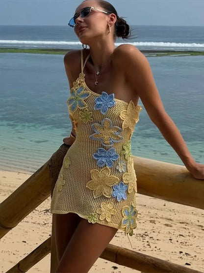 Embroidery Crochet Strap Hollow Mini Dress