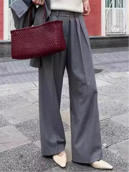 New Autumn Gray Straight Pant Cotton Blend Color High Wiast Loose Woman Trouser Simple Female Clothing New