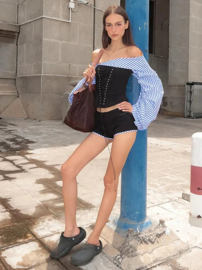 Long Sleeve Striped Long Sleeve Corset Shirts + Shorts 2 Piece Sets High Street Tunics Bandage Female Suit