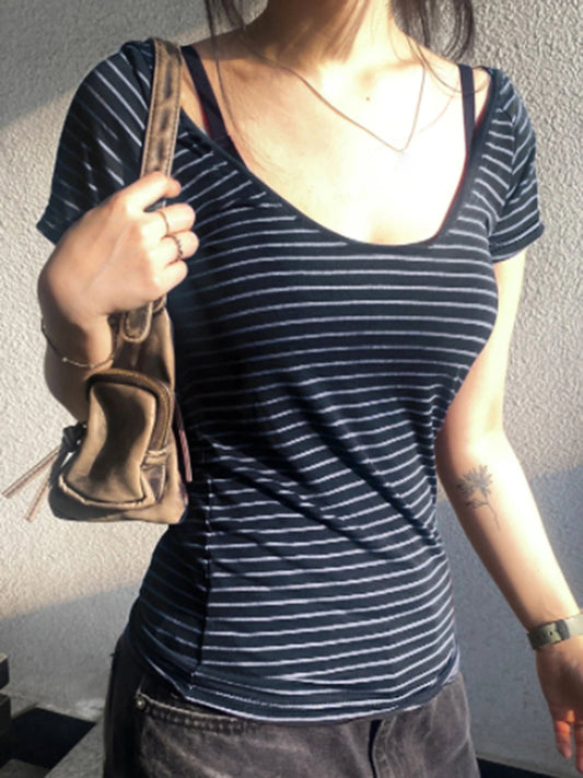 Striped Slim Fit Simple T-shirt Crop Top