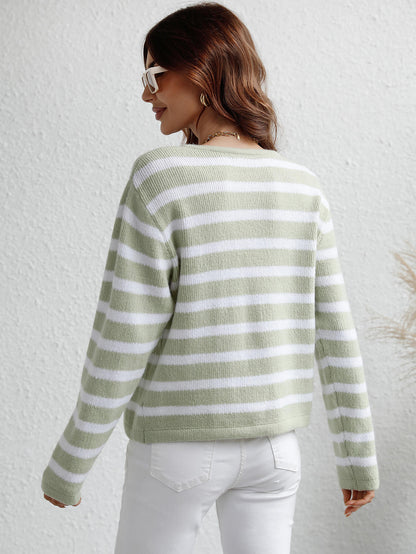Stripe Pocket Button Up Knit Cardigan - Sage