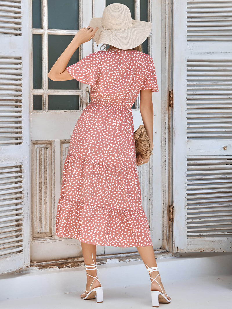Charlie Short Sleeve Spot Midi Dress - Salmon