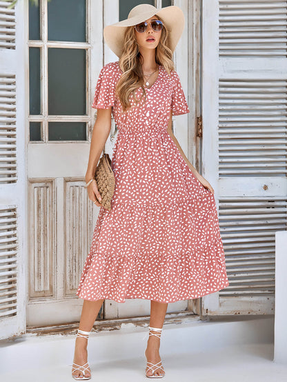 Charlie Short Sleeve Spot Midi Dress - Salmon