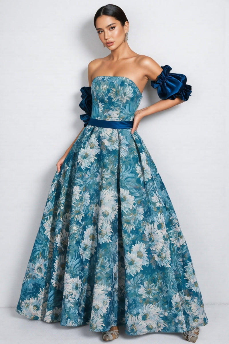 Briar Blue Puff Sleeves Off Shoulder Maxi Dress