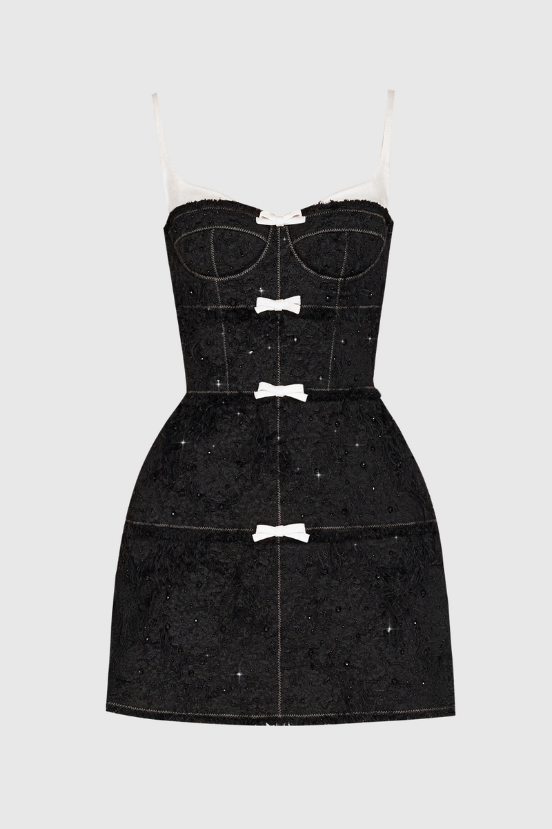 Santos Bow Jacquard Beaded Mini Dress - Black