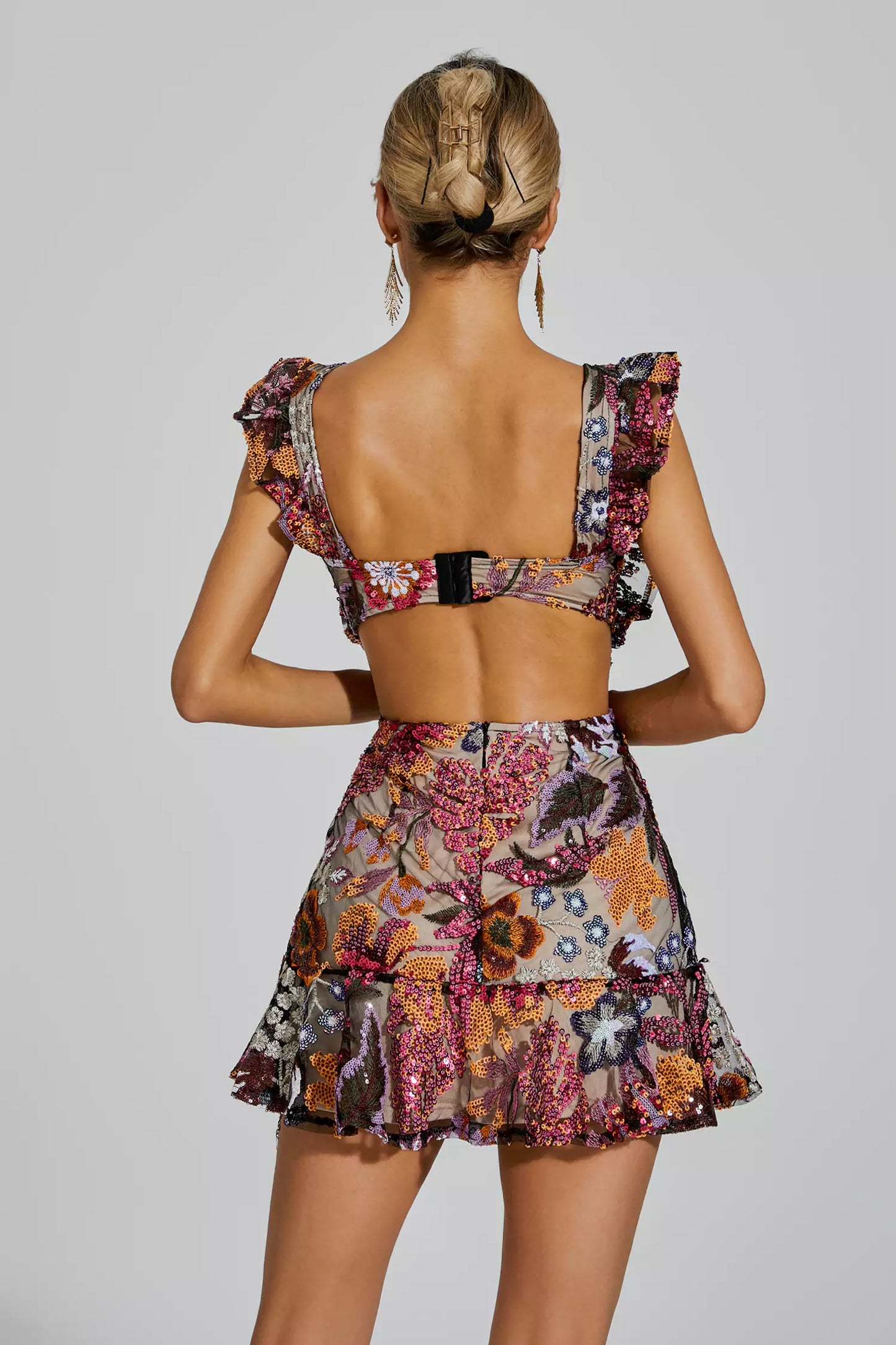 Sarai Brown Ruffle Cutout Mini Dress
