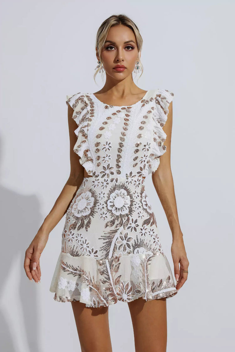 Sarai White Ruffle Cutout Mini Dress
