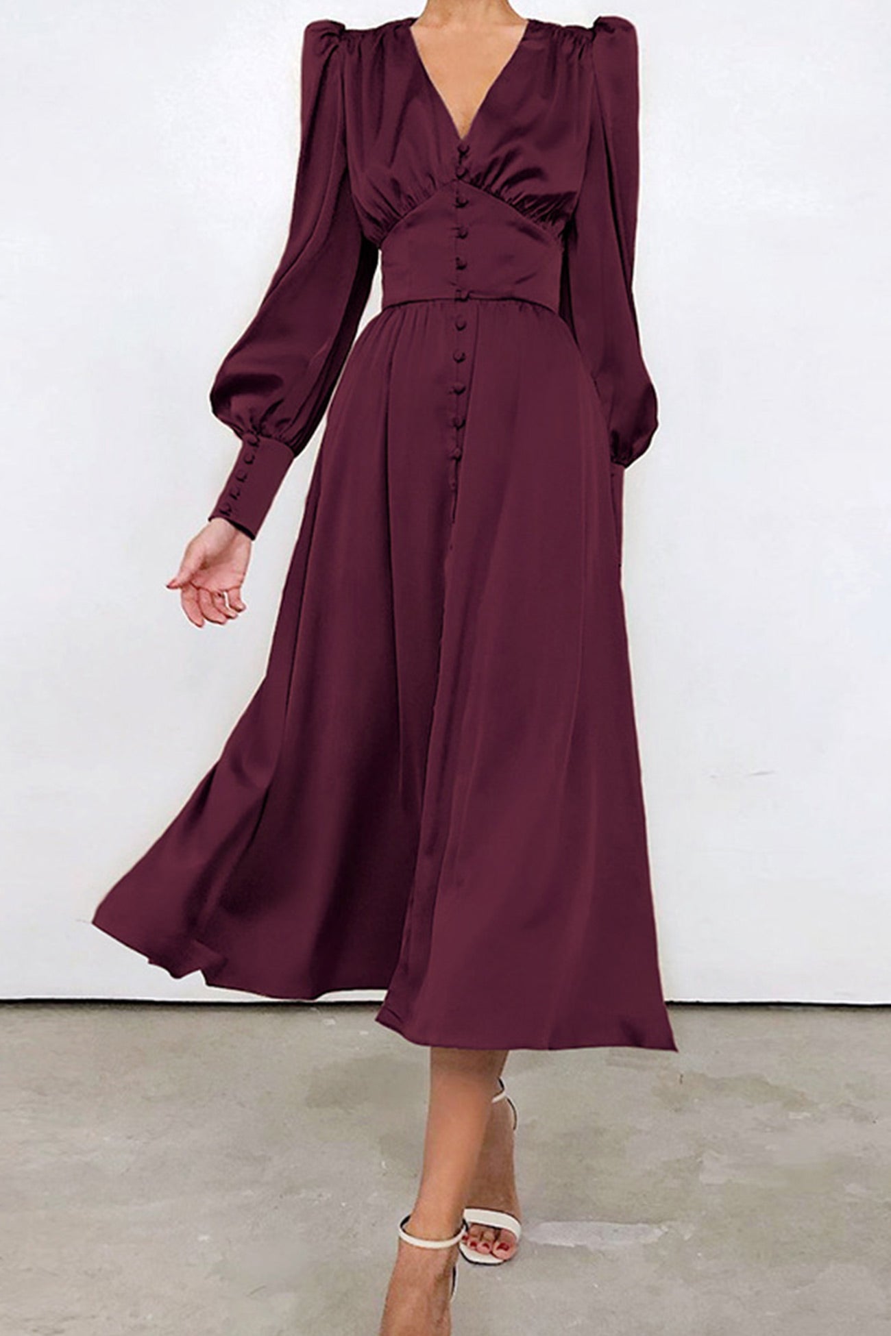 Satin Puff Sleeve Single-breasted Midi Dress