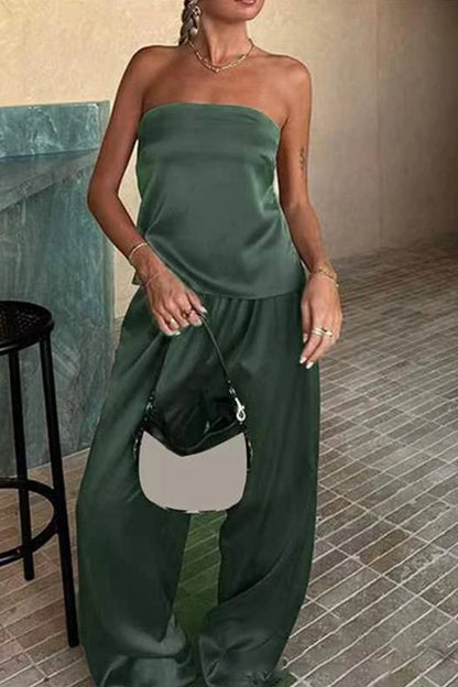 Satin Tube Top Long Pants Suits