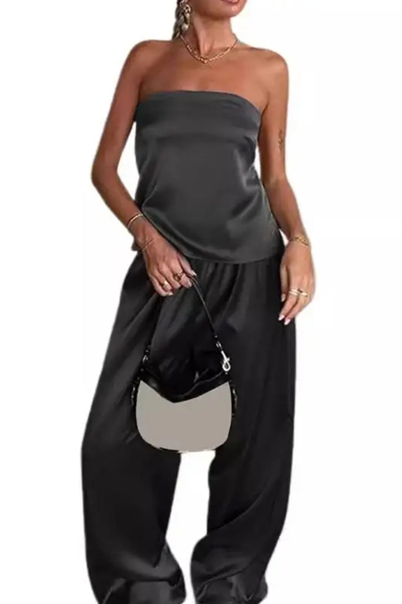 Satin Tube Top Long Pants Suits