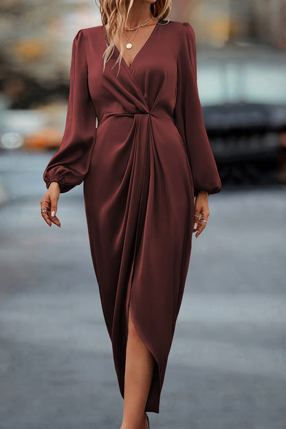 Satin V Neck Puff Sleeve Slit Dress