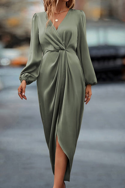 Satin V Neck Puff Sleeve Slit Dress