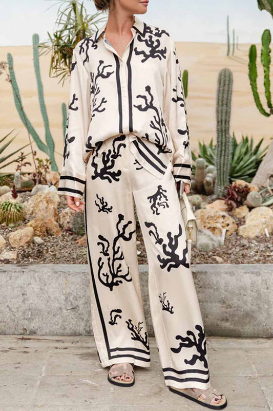 Satin Contrast Printed Button Long Pants Set