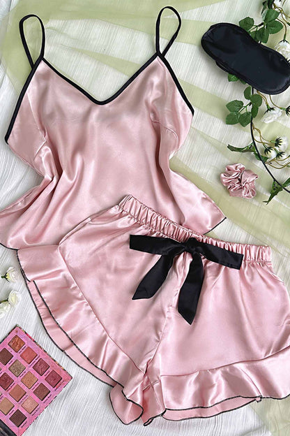 Satin Spaghetti Strap Ruffled Shorts Loungewear