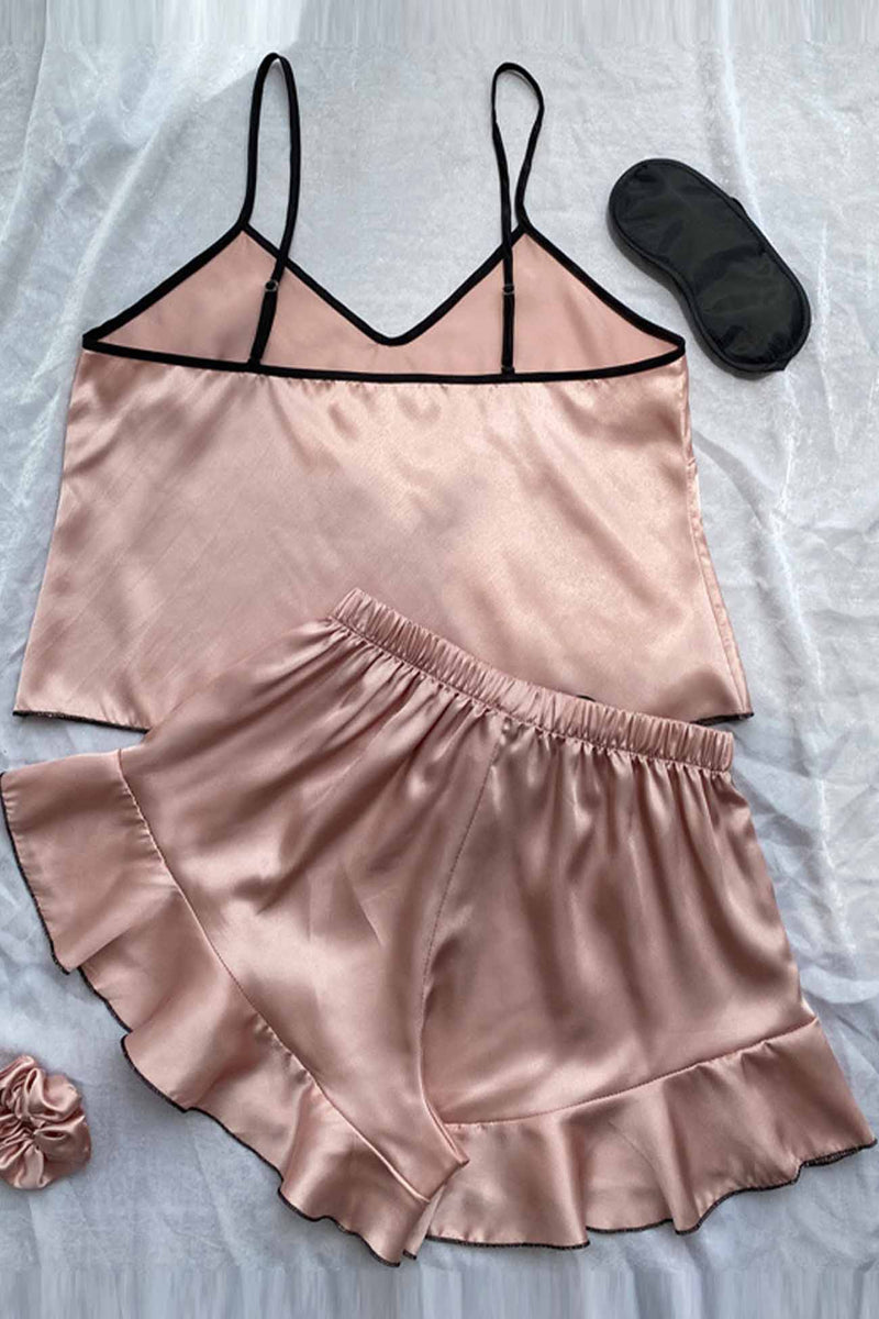 Satin Spaghetti Strap Ruffled Shorts Loungewear