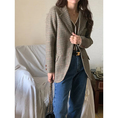 Wool Blends Coats Plaid Woolen Jacket Commute Blazer Korean Long Sleeve Outerwears Winter Overcoat