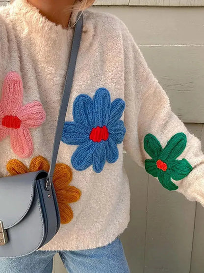 Autumn Knitted Sweater Sweet Flower Loose Long Sleeve O-neck Female Pullovers New Loose Tops