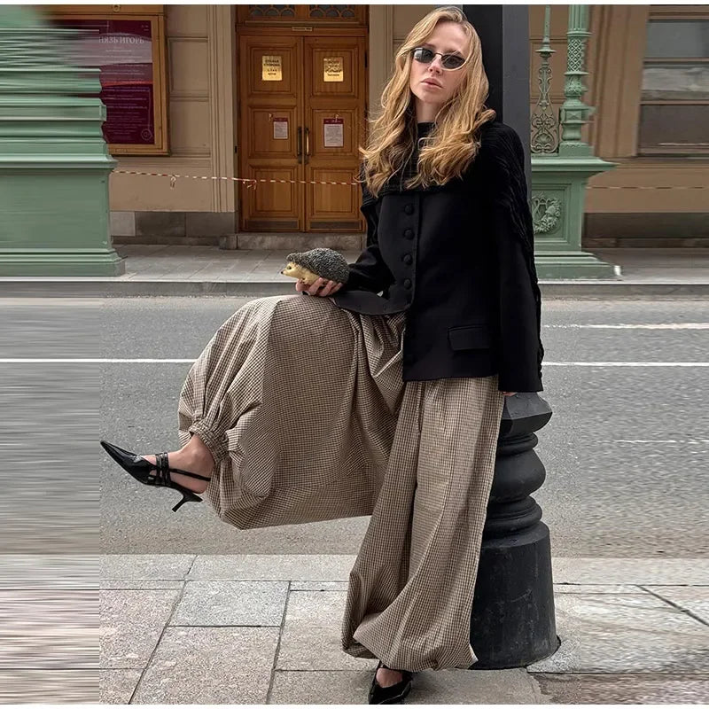 Autumn Print Trousers Elastic Waist Foot Binding Dropped Pants Wide Leg Pleated Lady Patchwork New