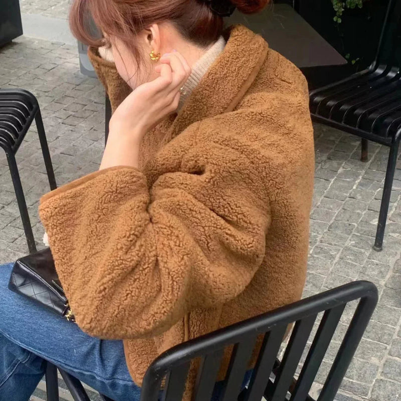 Winter Sweet Plush Coat Lamb Fur Jacket Peter Pan Collar Single Breasted Short Outerwears