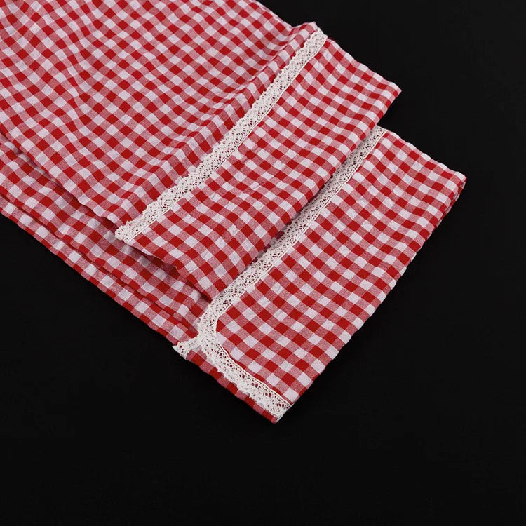 Red Plaid Wide Leg Pants Sets Long Sleeve Lace-up Blouse+elastic Waist Trouser Lace Trim 2 Piece Set New
