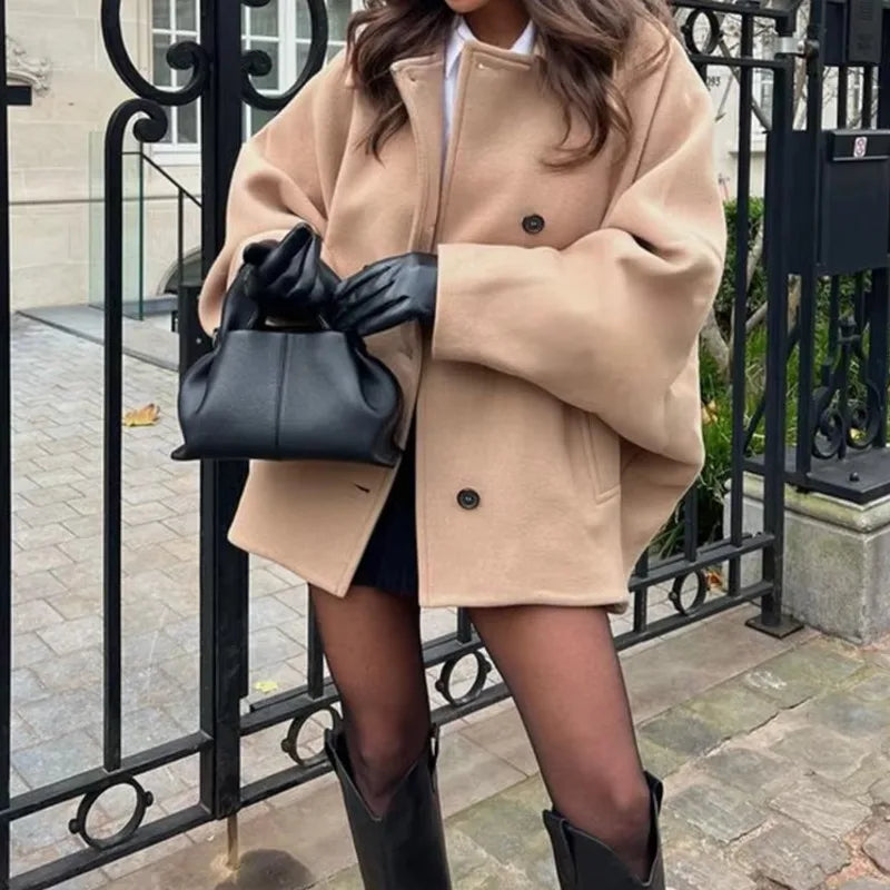 Diagonal Breasted Warm Loose Jacket Lapel Double Pocket Batwing Sleeve Coats Winter Female Outwear