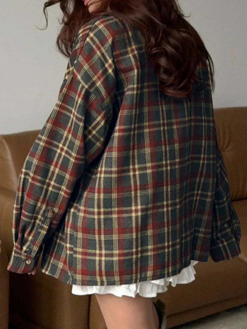 Classic Plaid Shirts for Spring Autumn Single Breasted Long Sleeve Blouse Outerwear Loose Blouses