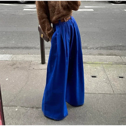 Wide Leg Pleated Pants for Loose High Waist Straight Striped Blue Street Pants Female Spring Street Trousers