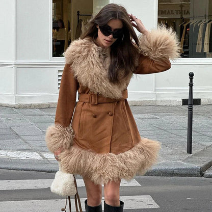 Suede and Fur Coat Plush Double Breasted Turn-down Collar Belts Thick Outerwear Warm Feather Overcoat