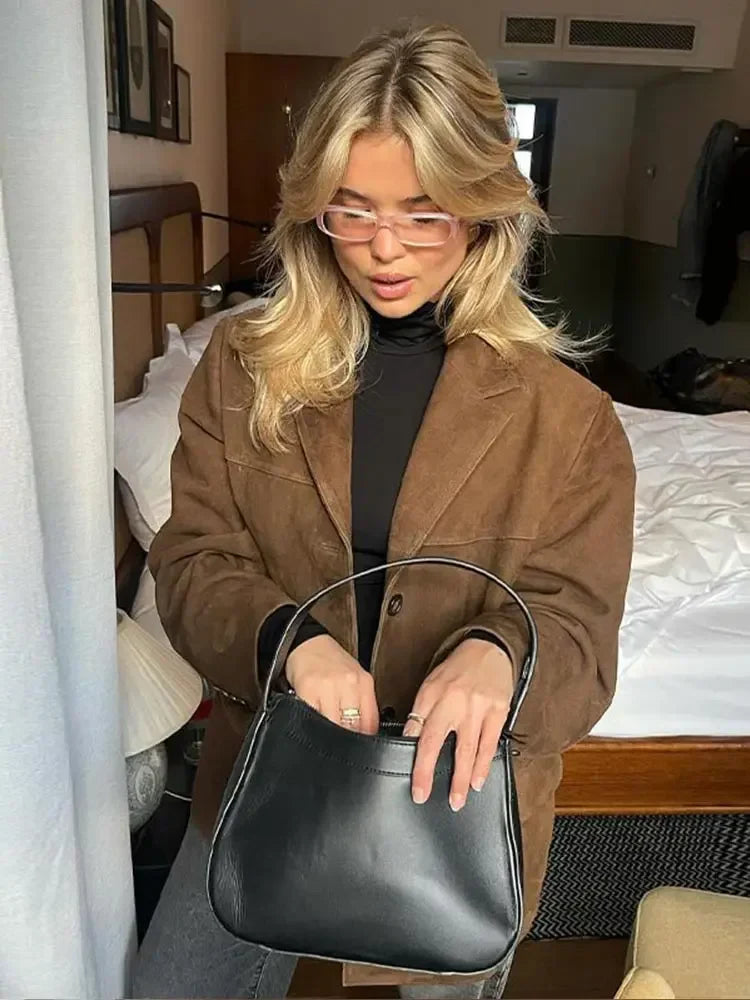 Woman Brown Lapel With Pocket Jacket Single Breasted Long Sleeve Short Coat Autumn Lady High Street Outerwear