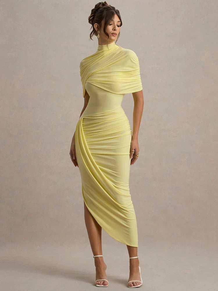 Lyricara — Backless Maxi Dress With Ruched Waist and Turtleneck