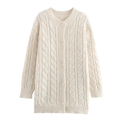 Beige Twist Knitted Cardigan Sweater Buttons Autumn Winter Loose Long Cardigans New Female Sueter Mujer