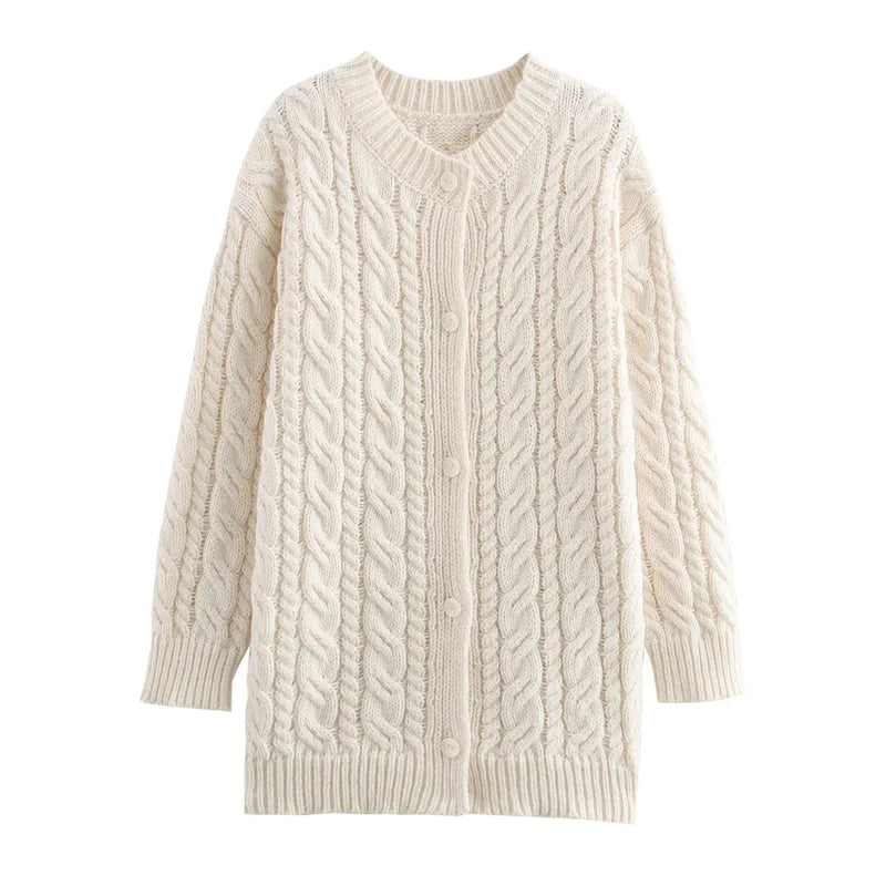 Beige Twist Knitted Cardigan Sweater Buttons Autumn Winter Loose Long Cardigans New Female Sueter Mujer